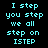 Cyan pixelated text on black background repeats 'I step you step we all step on ISTEP' in two identical vertical