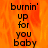 Pixelated text 'burnin' up for you baby' appears on an orange flame background with a gray lower-right section.