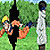 Animated sequence of a cartoon character in orange jumpsuit performing martial arts moves against black silhouette figures on green background.