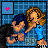 Animated contact sheet of 12 pixel-art frames showing a couple kissing, with pink heart icons and blue grid background.