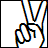 Animated sequence of a hand making peace signs with text changes and small red heart or dot elements appearing in different positions.