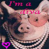 A pig wearing pink sunglasses and multiple pearl necklaces with 'I'm a diva' text and pink hearts in various positions.