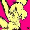 Yellow-haired cartoon character with large eyes and a bow, set against a bright pink background with a small black heart symbol.