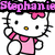 Pixelated Hello Kitty with pink bow and dress, pink butterfly with purple text, and pink flower with yellow text.