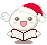 Pixelated character with red Santa hat, white body, and pink cheeks holding open book, showing four distinct facial expressions and mouth positions.