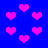 Pixelated pink hearts float against a solid blue background in an animated pattern.