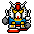 Pixel art character with red helmet, yellow eyes, blue chest plate, and gray fists; left arm raised in first frame, lowered in second.