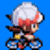 Pixelated character with white hair and red headband rides bicycle against blue background, showing three sequential poses.