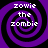 Four identical purple and black spiral patterns with white text reading 'zowie the zombie' arranged in a on a black background