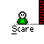 Pixel art animation of a green-shirted figure in brick-walled rooms, showing movement from standing to hiding and a speech bubble with 'BOO!!!'