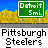 Animated sequence showing yellow school buses and green 'Debut 5mi.' signs on a blue sky background, with Pittsburgh Steelers text below each bus.