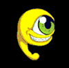 Yellow cartoon eye with green iris and black pupil, smiling mouth showing teeth, one arm curled at side; four variations show different expressions including tongue out.