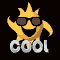 Yellow sun-shaped character with brown sunglasses, smiling mouth, and raised arms; silver text 'COOL' below on black background.