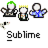 Animated contact sheet of 9 pixel art frames showing three cartoon characters with green, yellow, and white hair performing various actions including sitting, standing, and interacting with a small dog-like figure, all labeled "Sublime" below each frame.