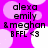 Pixelated text on a pink background with white circles, showing four identical of 'alexa emily &meghan BFFL <3' in black font