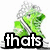 Green cartoon character with white hair and silver collar, seated on pink surface with blue fabric, text overlays 'thats', 'just', 'Me' in bold black outlines.
