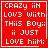 Red square icon with white pixelated text reading 'CRAZY iIN LOV3 With THIS BOY:: ii JUST LOVE hiim:' and a small white cursor-like shape in the bottom-right corner.