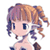 Pixelated 256x256 static image of a chibi-style anime character with brown hair and purple highlights, light skin tone, large blue eyes, and visible facial features including eyebrows and lips.