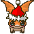 Pixel art cartoon character with orange ears, red Santa hat, and white fur trim in two animation frames showing ear movement.