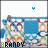 Pixelated cartoon character with blue square head, colorful patterned body, and partial text 'BRANDY' below; six variations show different colored Y-shaped symbols above the character.
