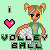 Pixel art contact sheet showing two frames of a volleyball-themed animated buddy icon with a female character in pigtails, pink heart symbol, and "VOLLEYBALL" text on light green background.