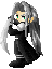 Pixelated character with long gray hair and green eyes in black outfit, shown in four sequential poses with varying hair and arm positions.