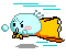 A 3x3 contact sheet of an animated pixel art character with a light blue body and yellow-orange tail running left to right across gray background, showing frame-by-frame motion changes in pose and bubble position.