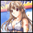 Three anime-style female characters in swimwear pose against a beach background with blue sky and yellow sand elements.