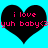 Two black heart shapes on a cyan background with pink text reading "i love yuh baby" and a smiley face symbol.