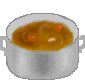 Four animated frames of a silver pot with brown liquid and floating objects on a gray background.