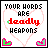identical pixel art icons featuring a heart outline with text 'YOUR WORDS ARE DEADLY WEAPONS' and small green-pink corner elements