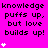 A bright pink background displays repeated text "knowledge puffs up, but love builds up!" with white heart symbols appearing in different positions across the animation.