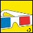 Yellow background with white 3D glasses featuring blue and red lenses, a small black pixelated symbol below the right lens in some frames.