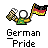 Pixel art contact sheet showing two frames of a German-themed animated buddy icon with stick figure, beer mug, and flag.
