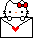 Pixel art of a white cat with red bow peeking from an envelope, wearing a heart-shaped necklace that changes color.