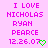 Pixelated text on pink background with green heart symbol, showing 'I LOVE NICHOLAS RYAN PEARCE 12.26.07' in magenta letters.