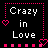 Animated contact sheet of a 4x4 grid displaying sequential frames from an animated 'Crazy in Love' buddy icon with pink hearts, text variations, and heart-shaped animations on black background.