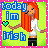 Pixel art buddy icon featuring a female character with orange hair and a white top on the left, next to text reading "today in irish" with a green heart symbol; right side shows purple text "Visit Doll Girl .com" inside a pink oval logo on a solid pink background.