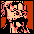 Pixelated static icon of a character with long hair and beard against red background, rendered in 8-bit style with limited color palette.