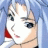 Pixelated close-up of a character's face with blue hair, red lips, and black eyes against a light blue background.