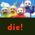 Pixelated cartoon characters with white faces and colorful outfits appear in a , overlaid with text blocks on colored backgrounds