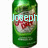 Green cylindrical bottle with red floral design, displaying text overlays in light blue font