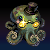 Pixelated octopus with greenish-brown body, glowing yellow eyes, and dark tentacles against a gradient background.