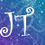 Pixelated blue-purple gradient background with white stylized 'J' and 'T' letters featuring spiral accents on top and bottom left.