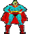 Pixelated character in blue and red costume with red cape, standing with hands on hips in three of two poses each