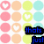 Pixelated of pastel circles with heart symbols and overlaid text fragments in various colors