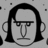 Pixelated grayscale icon of a stylized face with long hair, glasses, and a neutral expression, set against a light gray background with scattered dark pixels.