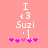 Pixelated icon with pink background showing 'I <3 Suzi' text and five purple stars, where the third star changes from light to dark shade between frames.