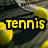 Yellow tennis balls and silver rackets on a dark gray court background with the word 'tennis' in bold yellow text.