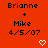 Red background displays repeated text 'Brianne + Mike 4/5/07' with animated heart and arrow symbols changing across frames.